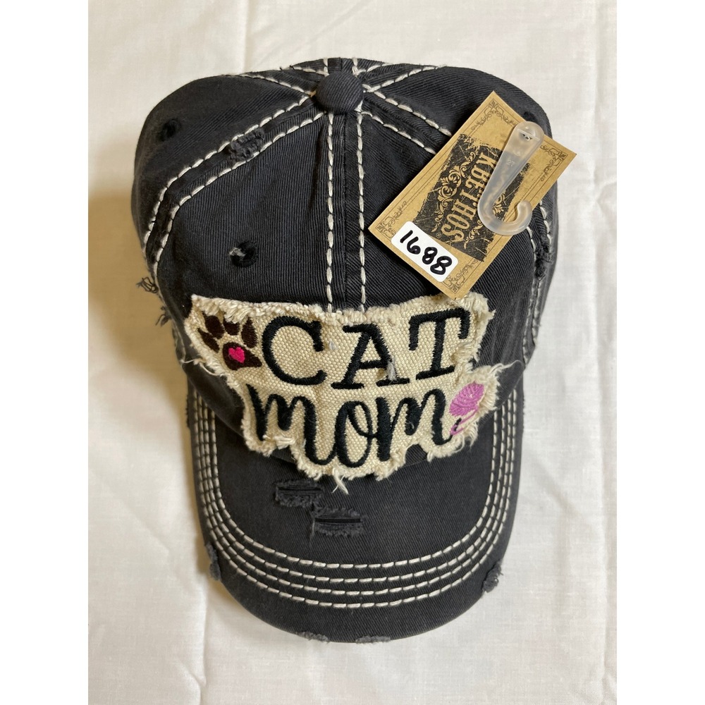 KBETHOS Baseball Cap Women OS Black NWT Cat Mom Distressed Contrast Stitch